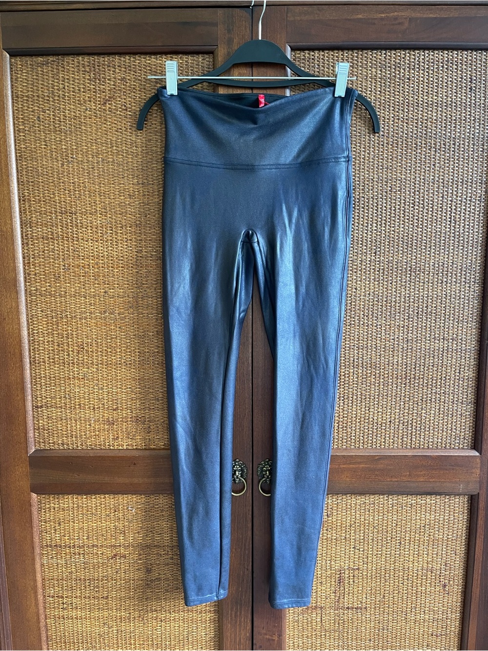 SPANX Black Shiny Leggings with Red Size Tag
